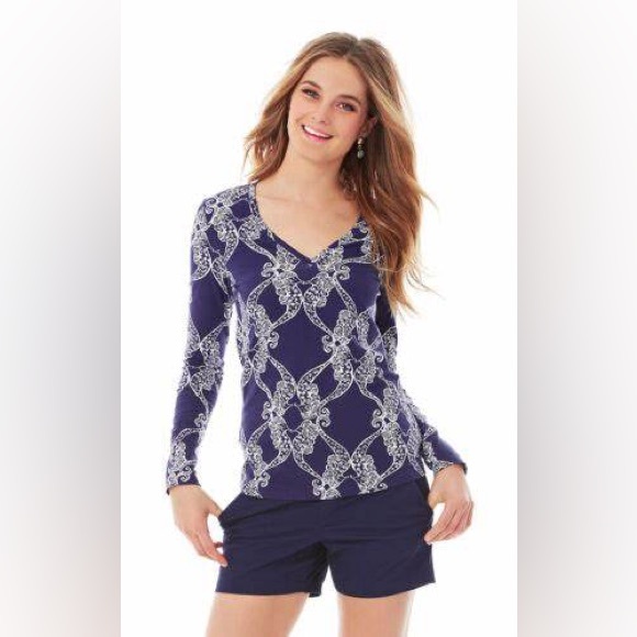 Lilly Pulitzer Tops - Lilly Pulitzer Bright Navy/White MS Behave Long Sleeve Jodie Top Seahorse Print